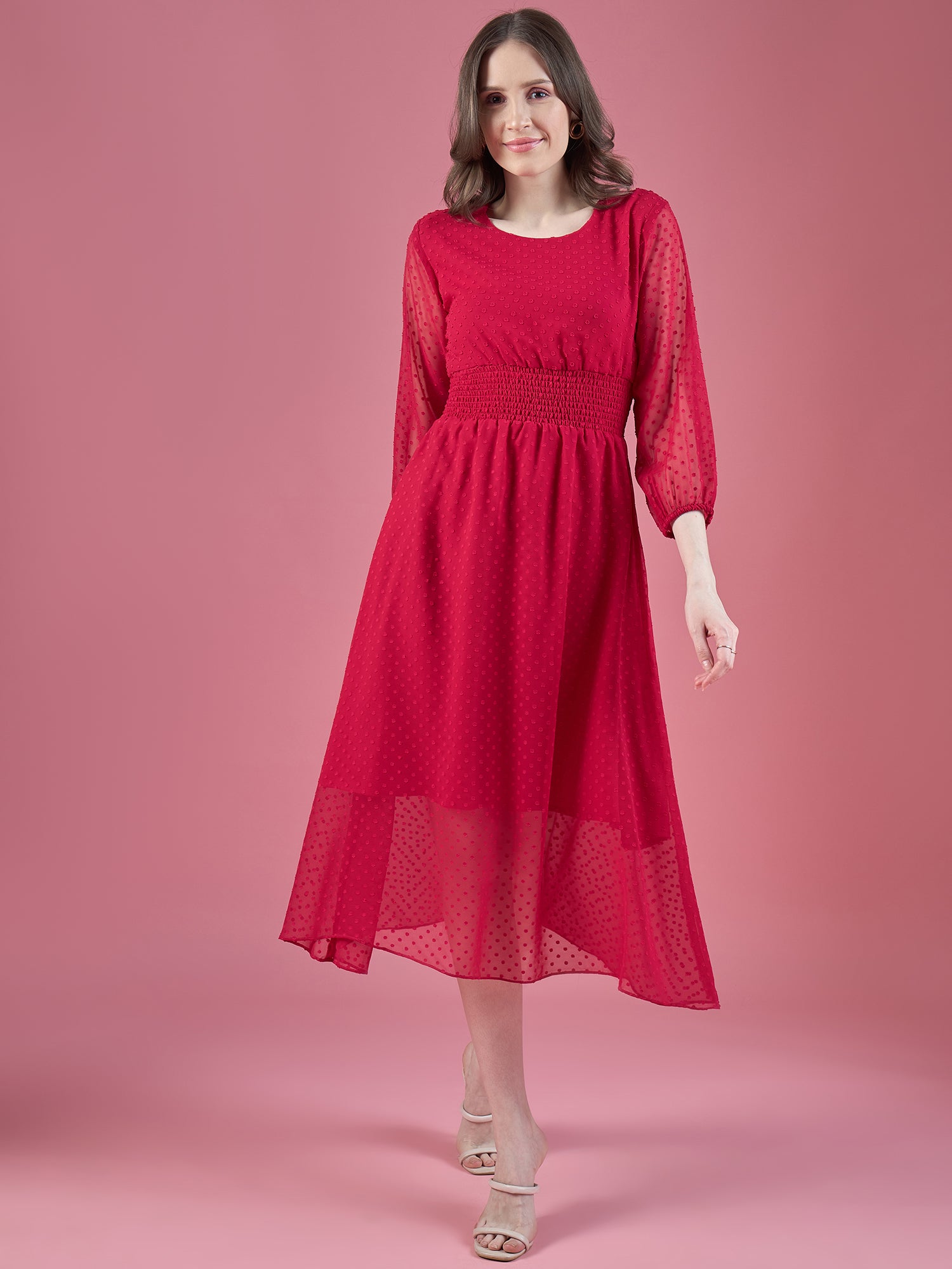 Magenta Georgette Embroidered Puff Sleeves Self Design Dress