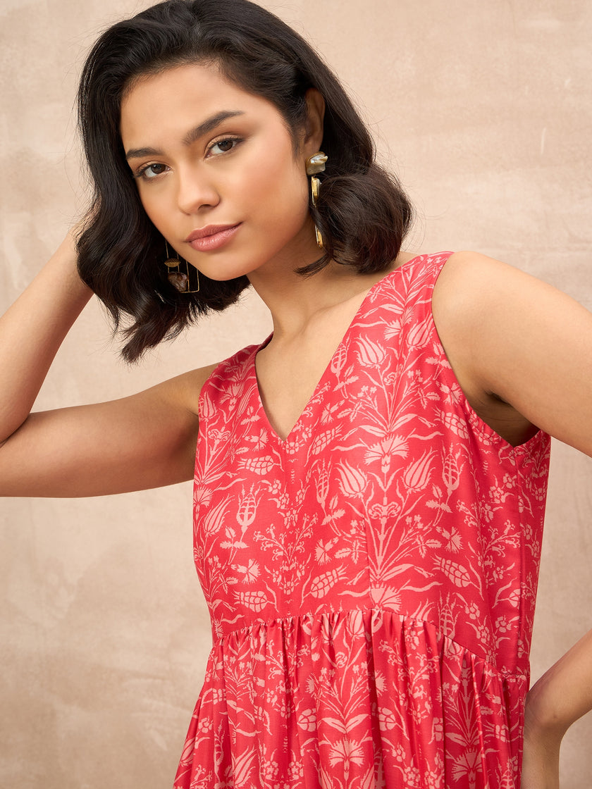 Red Polyester Printed No Sleeves Floral Dress