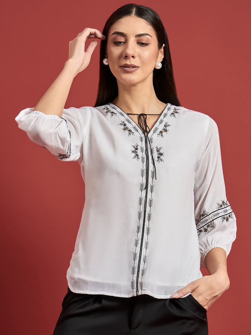 White Polycotton Embroidered Tie-Ups Puff Sleeves Floral Print Tops