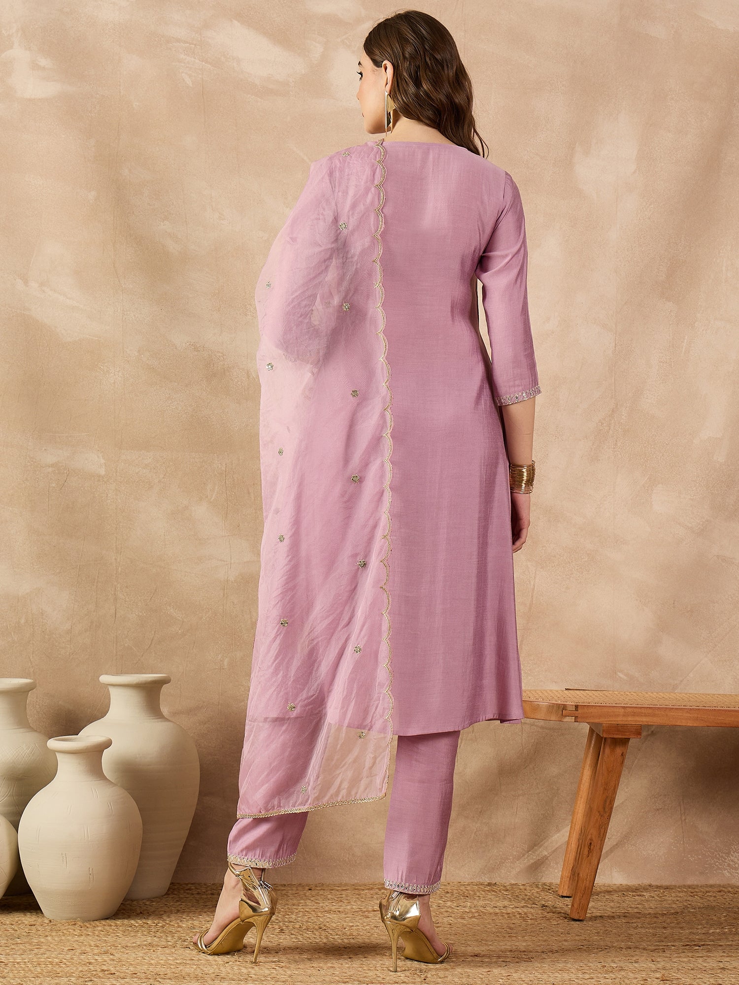 Mauve  Chanderi Silk Embroideried A-Line Kurta Trouser