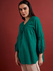 Green Pure Cotton Self Design Tie-Ups Puff Sleeves Ethnic Print Tops