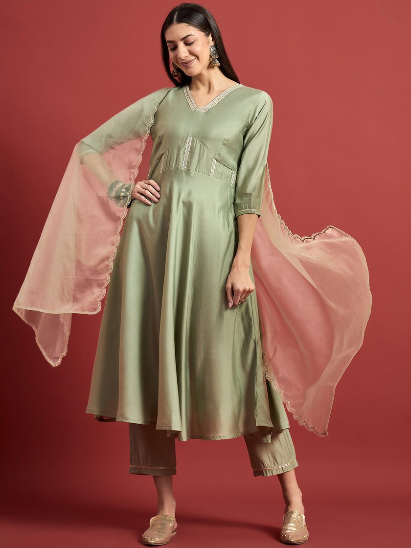 Green  Silk Blend Embroideried A-Line Kurta Trouser