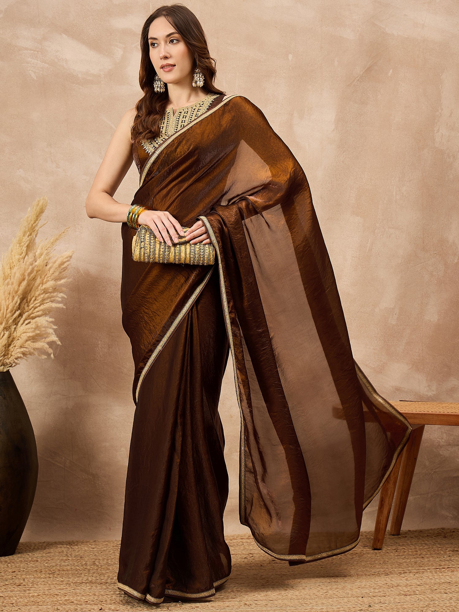 Brown Organza Solid with Coding Lace Saree with Unstitched Blouse