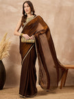 Brown Organza Solid with Coding Lace Saree with Unstitched Blouse