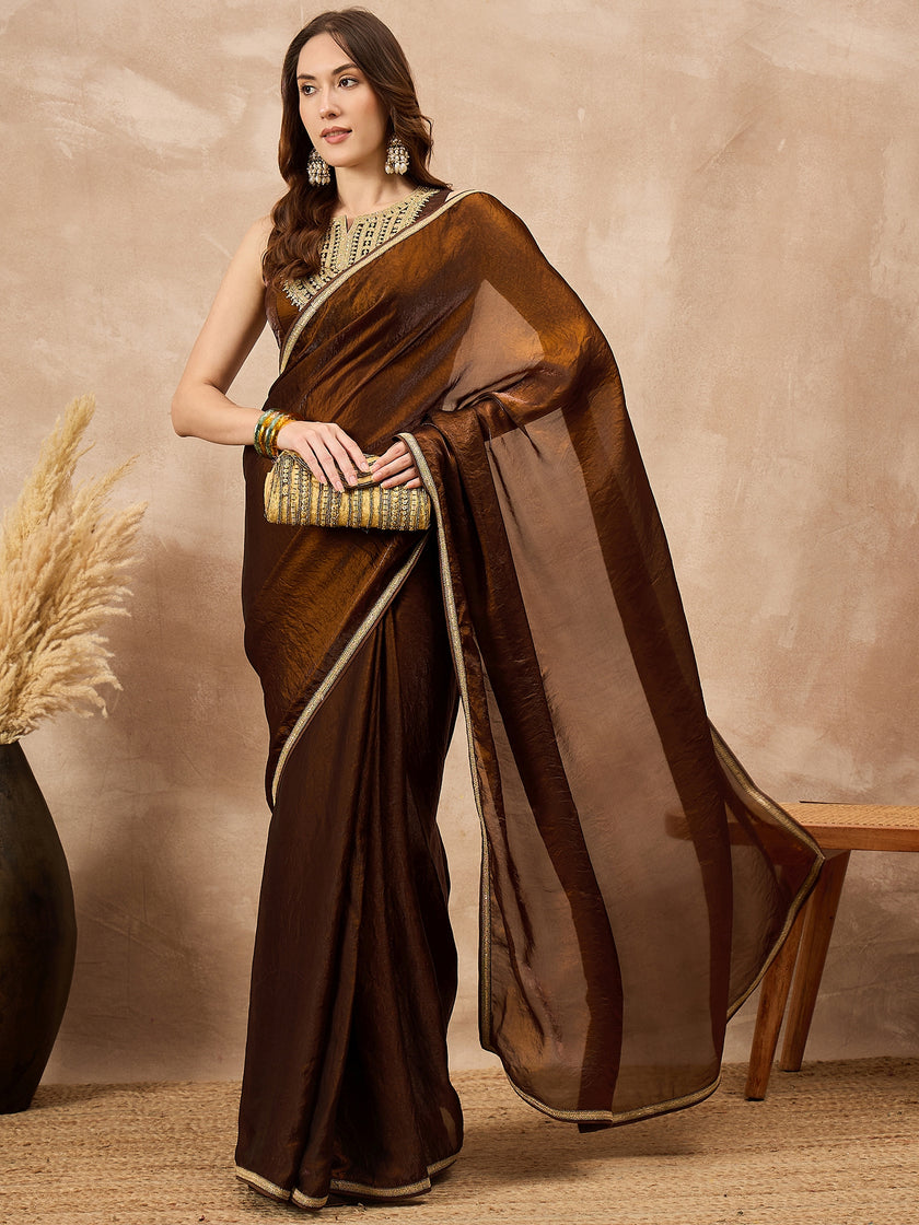 Brown Organza Solid with Coding Lace Saree with Unstitched Blouse