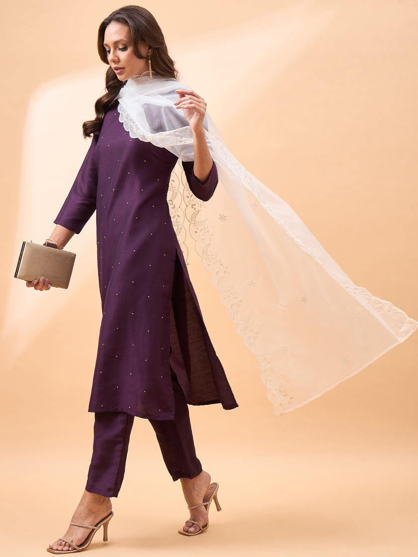 Wine  Silk Blend Embroideried A-Line Kurta  Trouser   With Dupatta