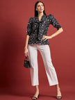 Black Polyester Printed Tie-Ups Puff Sleeves Abstract Tops