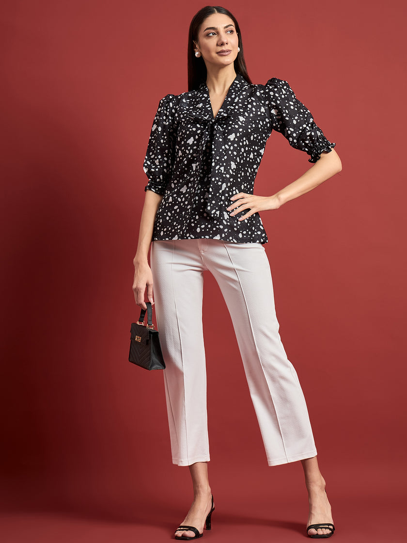 Black Polyester Printed Tie-Ups Puff Sleeves Abstract Tops
