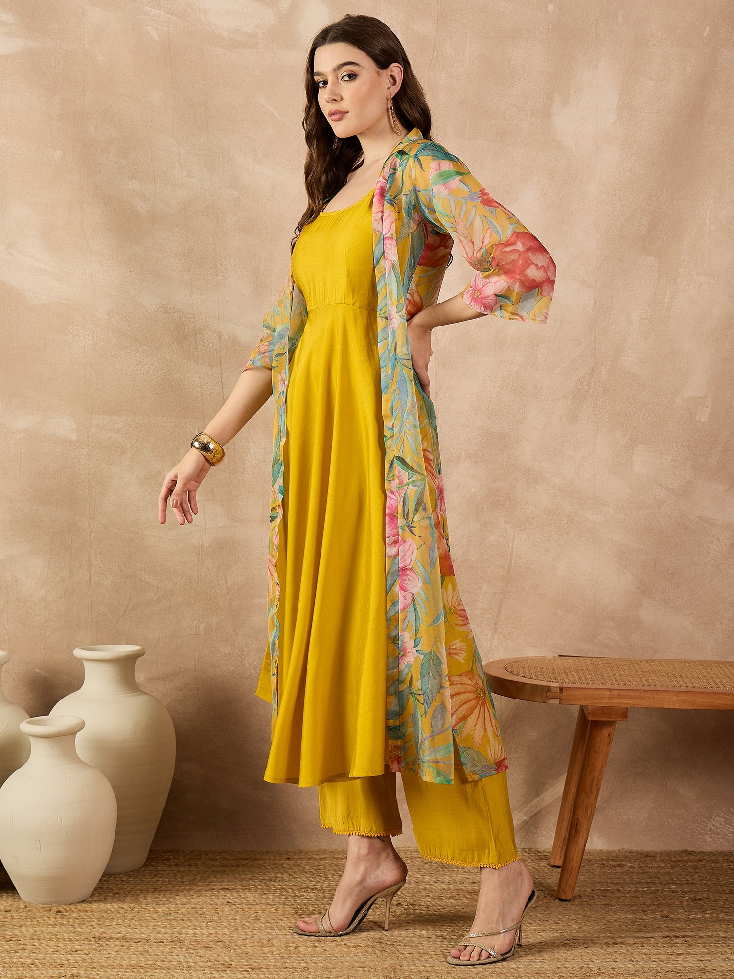 Yellow Silk Blend Solid A-Line Kurta Trouser With Floral Print Shrug
