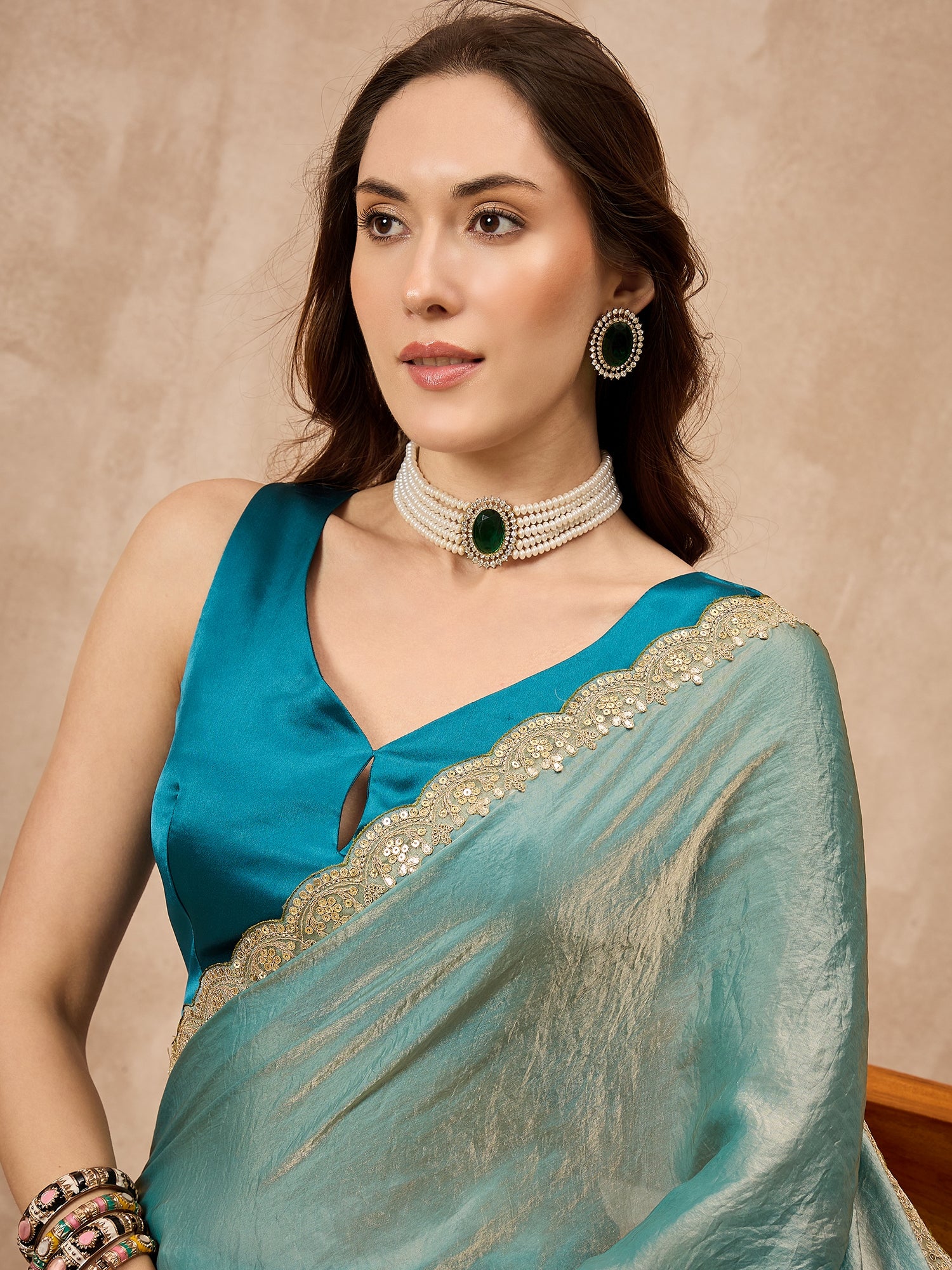 Blue Organza Solid with Gota Lace Saree with Unstitched Blouse