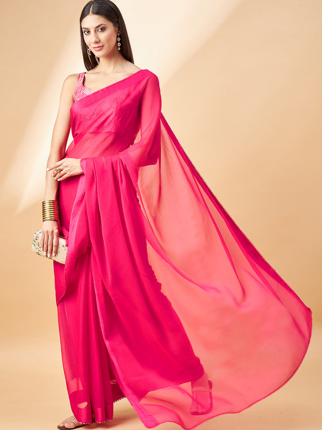 Red Pure Chiffon Solid  Saree with Unstitched Fancy Blouse