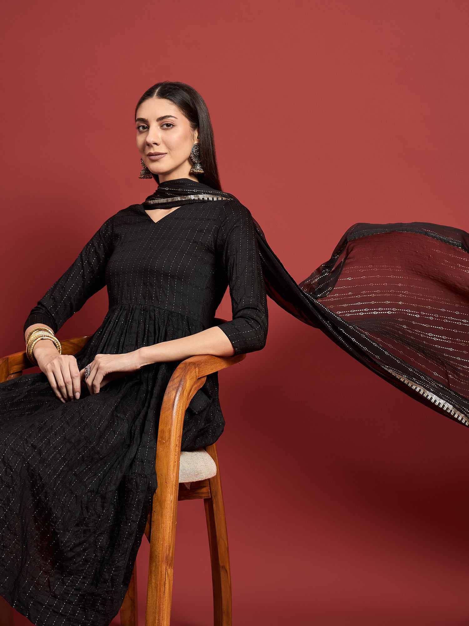 Black  Silk Blend Printed A-Line Kurta  Trouser