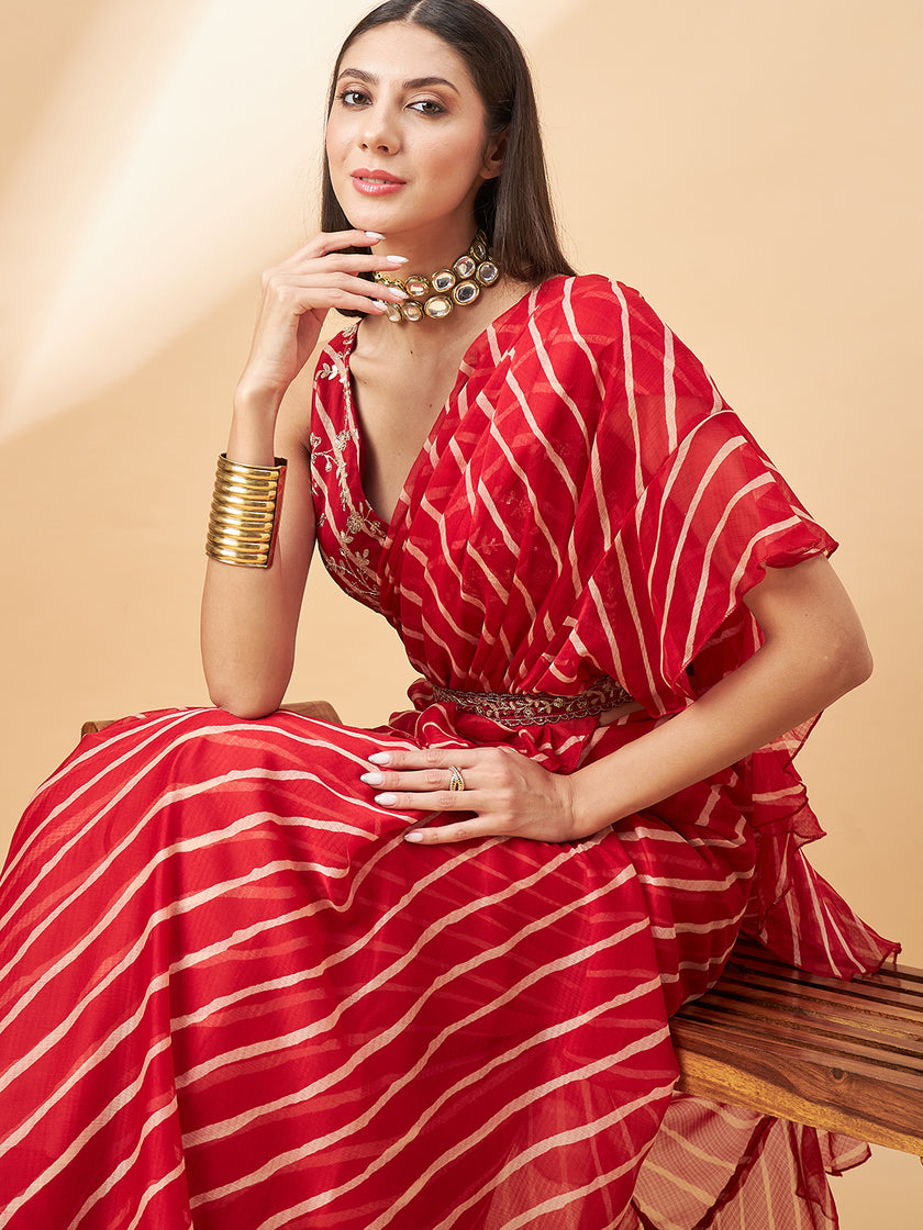 Red Pure Chiffon Lehariya Frill Printed saree with Unstitched Fancy Blouse with Belt