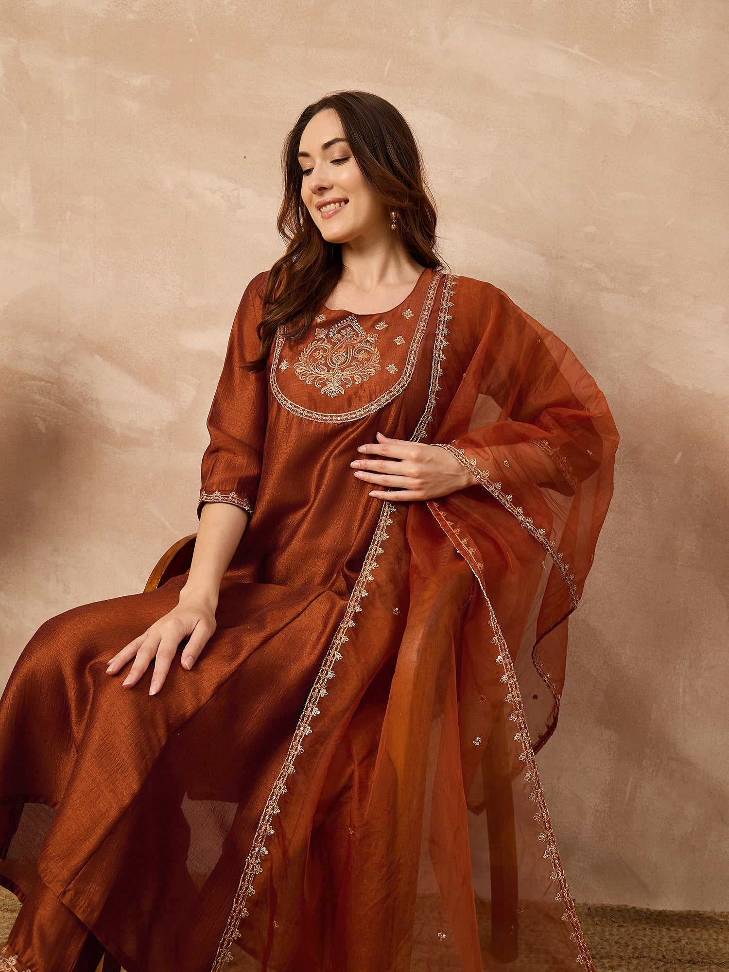 Rust  Silk Blend Embroideried A-Line Kurta Trouser