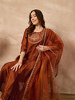 Rust  Silk Blend Embroideried A-Line Kurta Trouser
