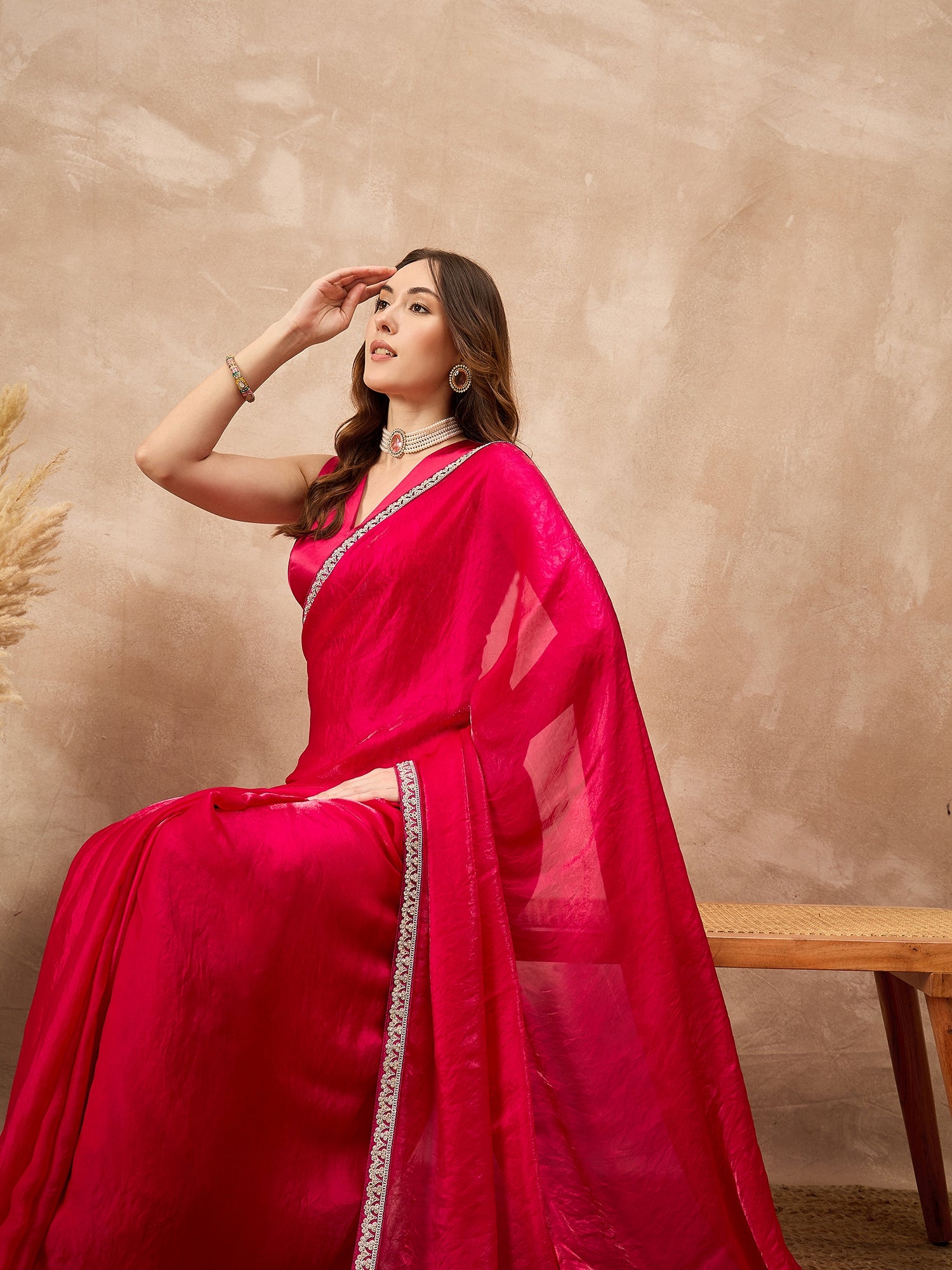 Rose Satin Solid with Embroidery Coding Border  Saree with Unstitched Blouse