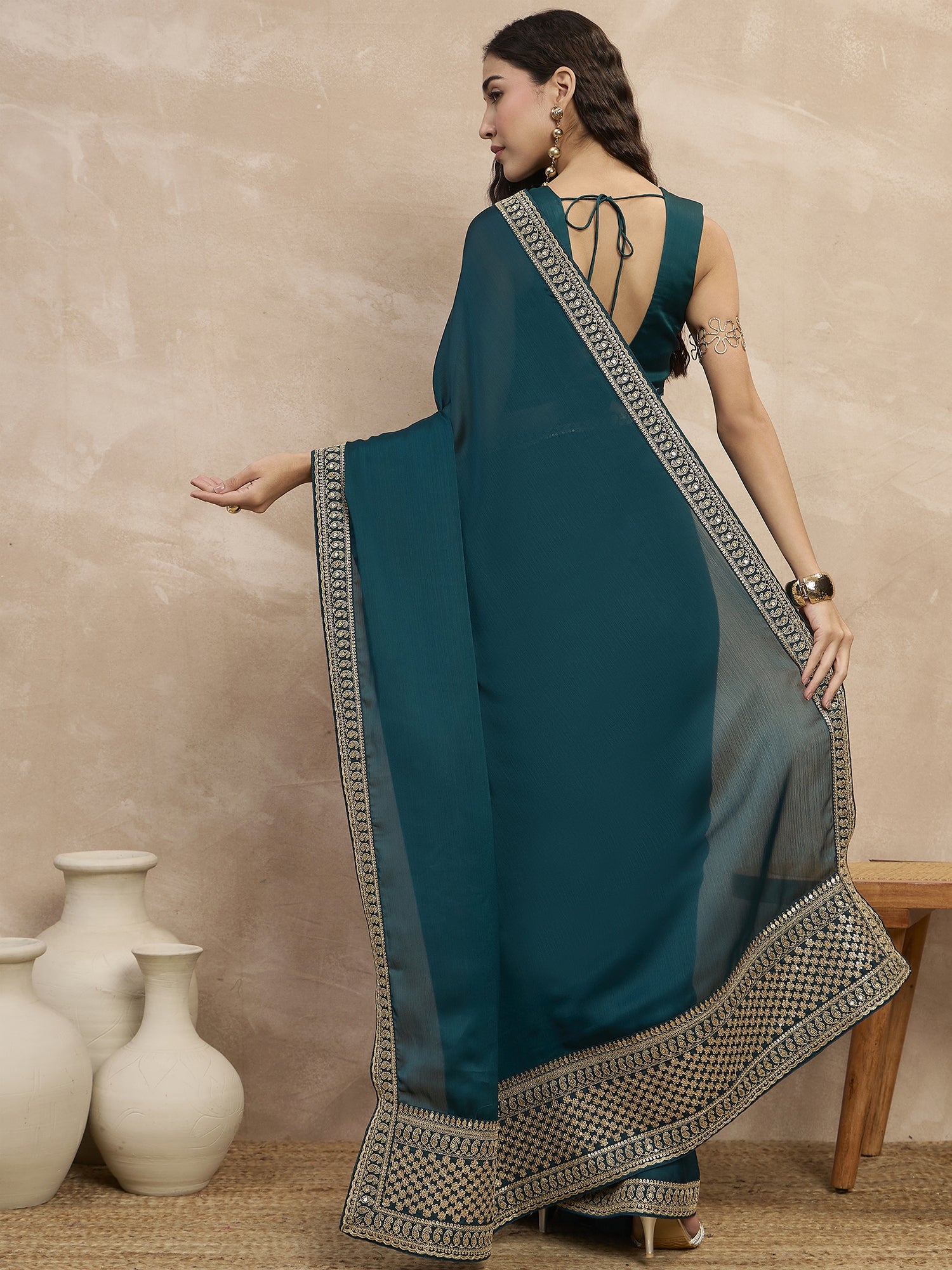 Rama Green Satin Solid With Embroidered Lace Saree with Unstitched Blouse