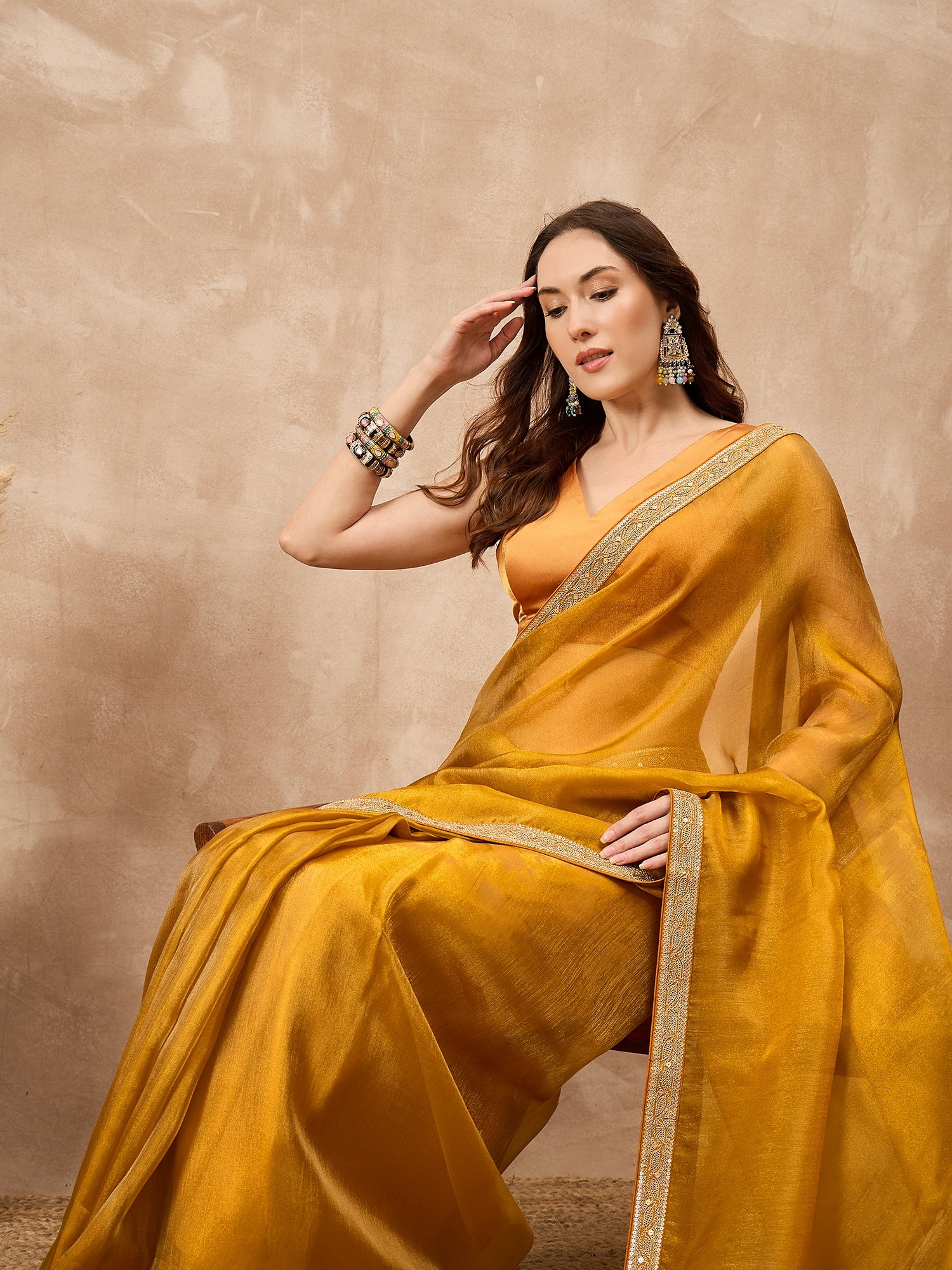 Yellow Satin Solid with Coding Border Saree with Unstitched Blouse
