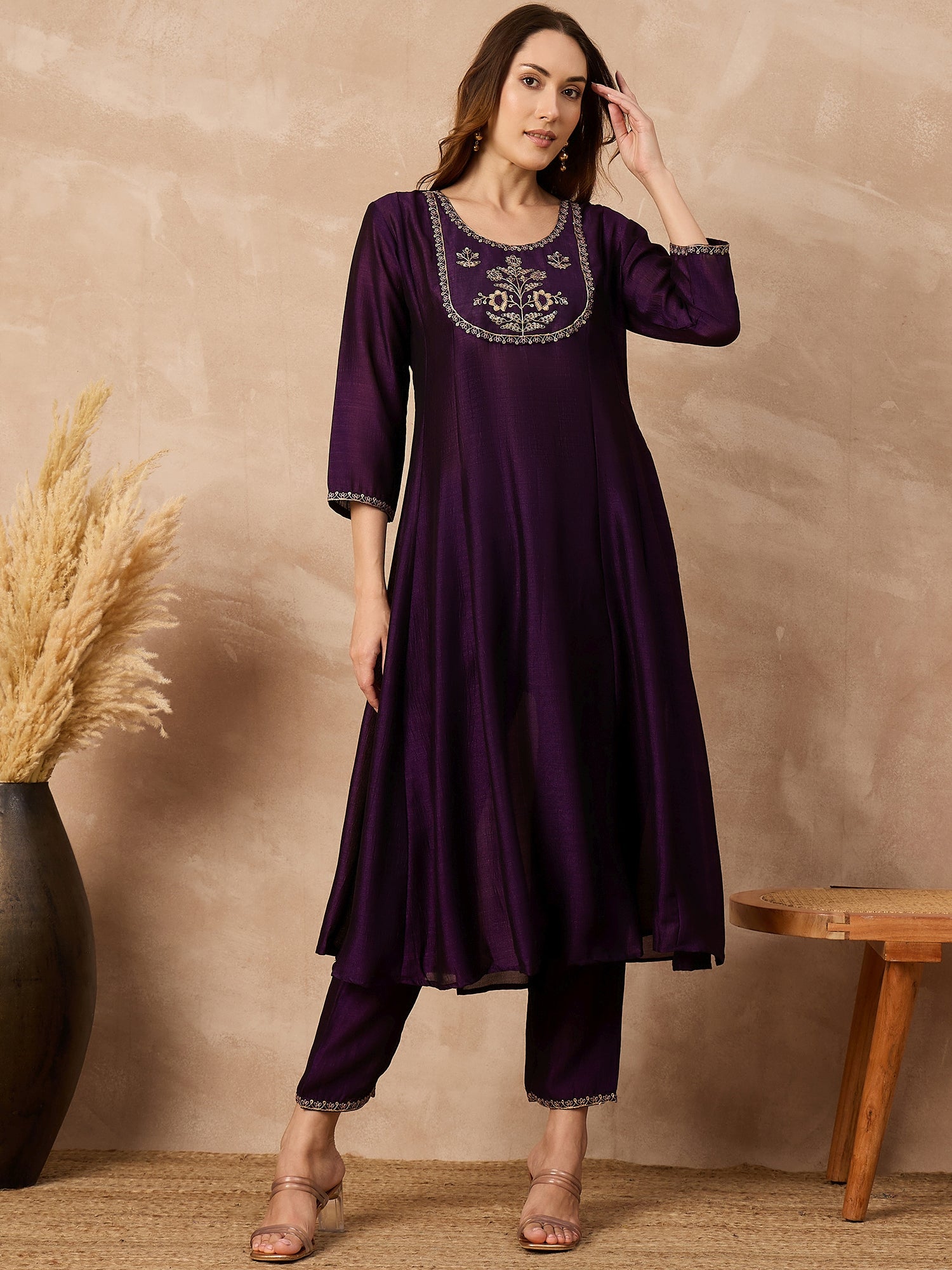 Purple  Silk Blend Embroideried A-Line Kurta Trouser