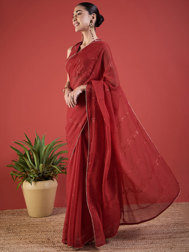 Red Pure Chiffon Sequence Embroidery With Embellished Lace Saree with Unstitched Fancy Blouse