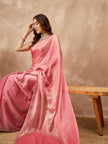 Peach Satin Solid With Embroidered Border Saree with Unstitched Blouse
