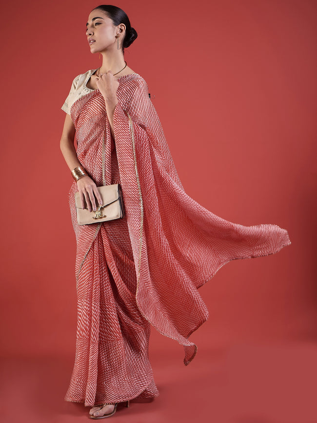 Pink  Pure Chiffon ZigZag Pattern Print With Embellished Lace Saree with Unstitched Fancy Blouse