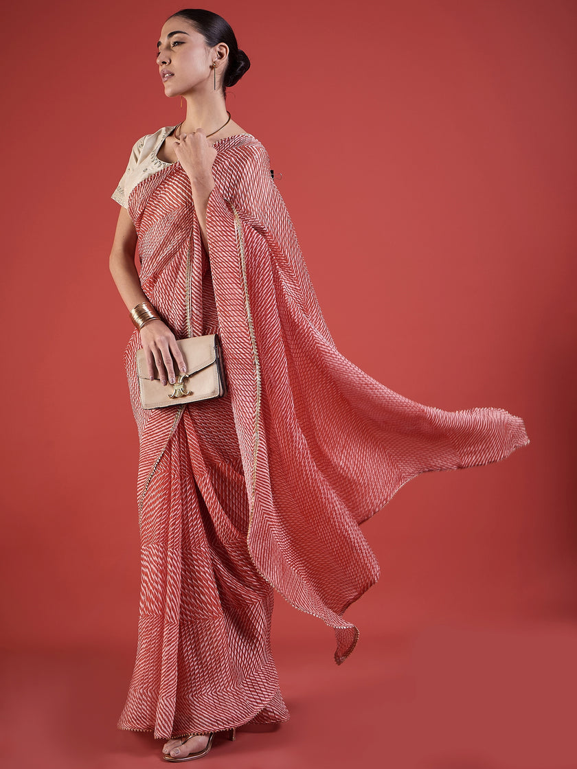 Pink  Pure Chiffon ZigZag Pattern Print With Embellished Lace Saree with Unstitched Fancy Blouse