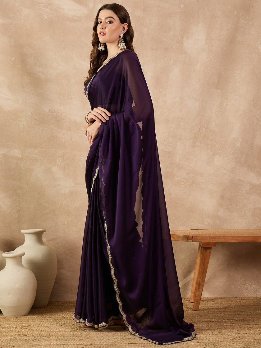 Purple Poly Chiffon Solid with Coding Border Saree with Unstitched Blouse