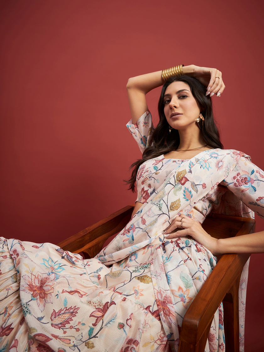 Off White Chinon Floral Print With Frills Ready to Wear Saree with Unstitched Fancy Blouse