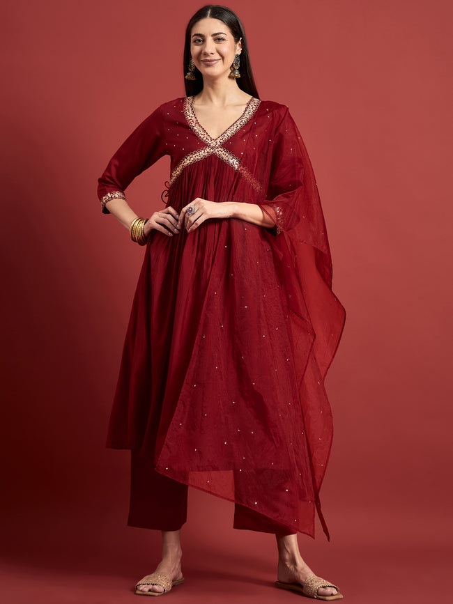 Red  Pure Silk Embroideried Anarkali Kurta  Trouser