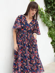 Blue Polyester Printed Flared Sleeves Floral Dress