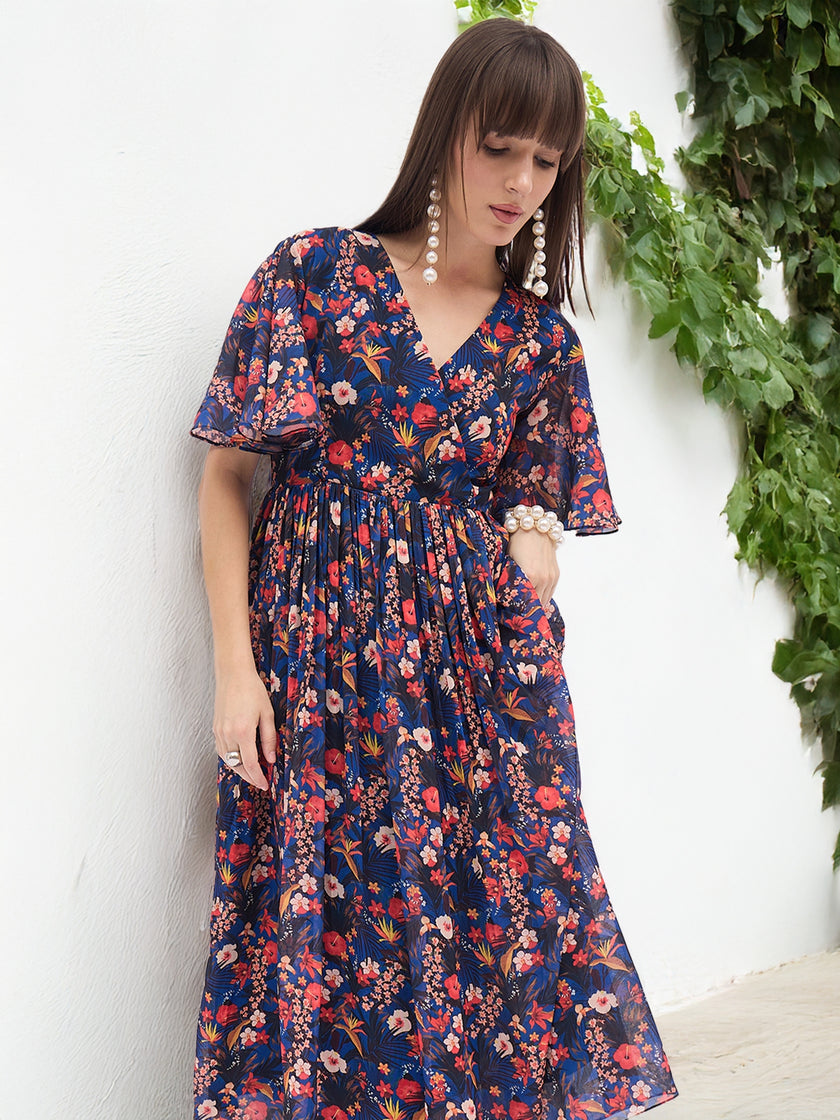 Blue Polyester Printed Flared Sleeves Floral Dress
