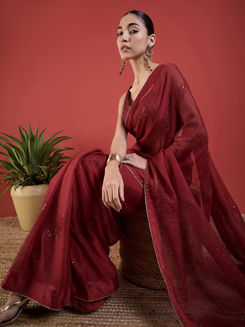 Maroon Pure Chiffon Sequence Embroidery With Embellished Border Saree with Unstitched Fancy Blouse