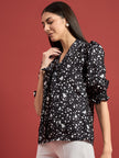 Black Polyester Printed Tie-Ups Puff Sleeves Abstract Tops