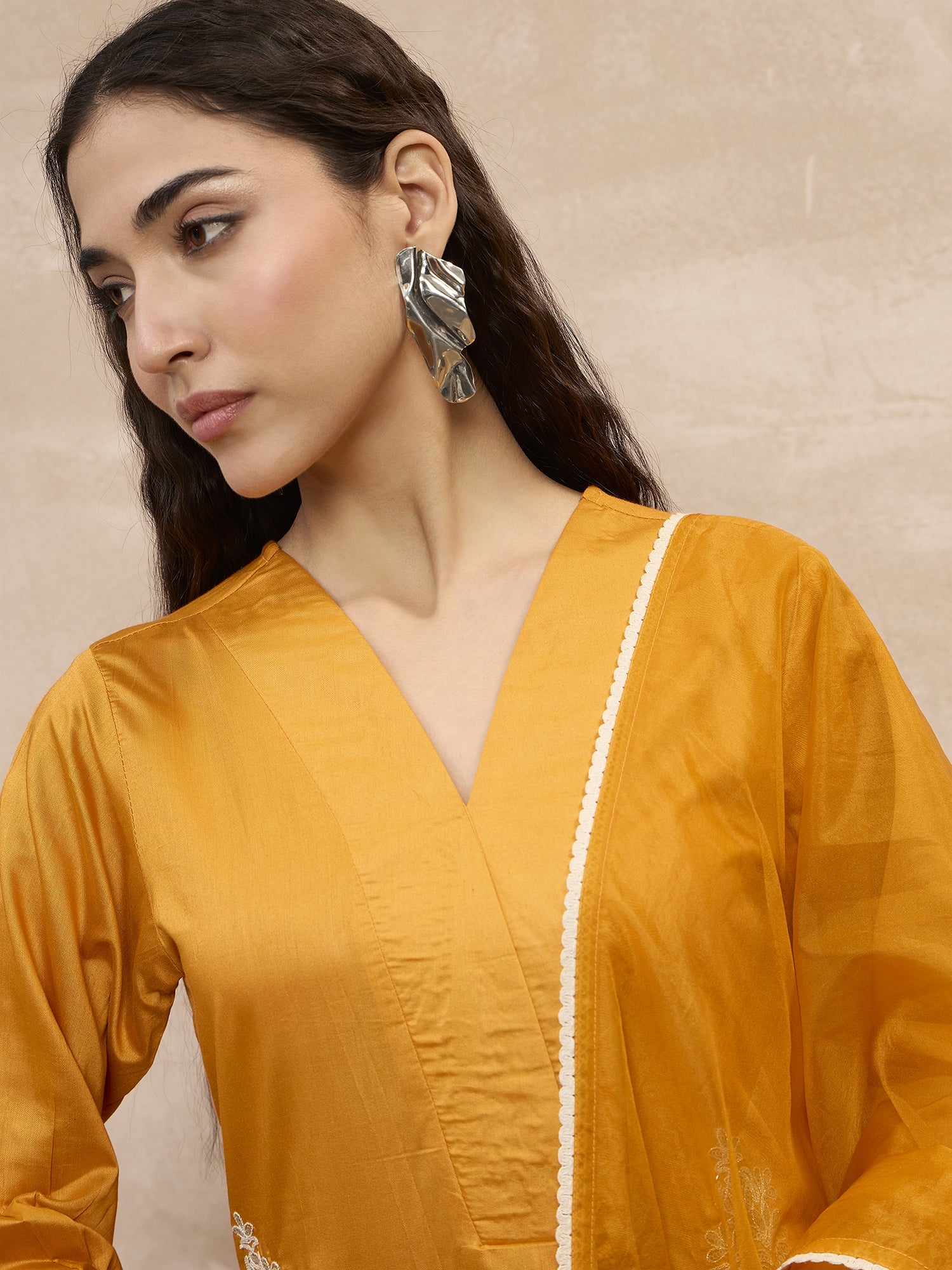 Yellow  Chanderi Silk Embroideried A-Line Kurta Trouser
