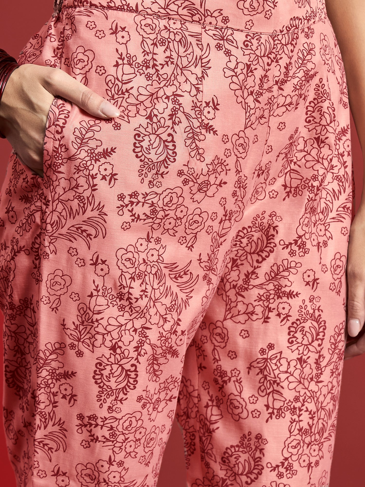 Peach  Silk Blend Printed A-Line Kurta  Trouser