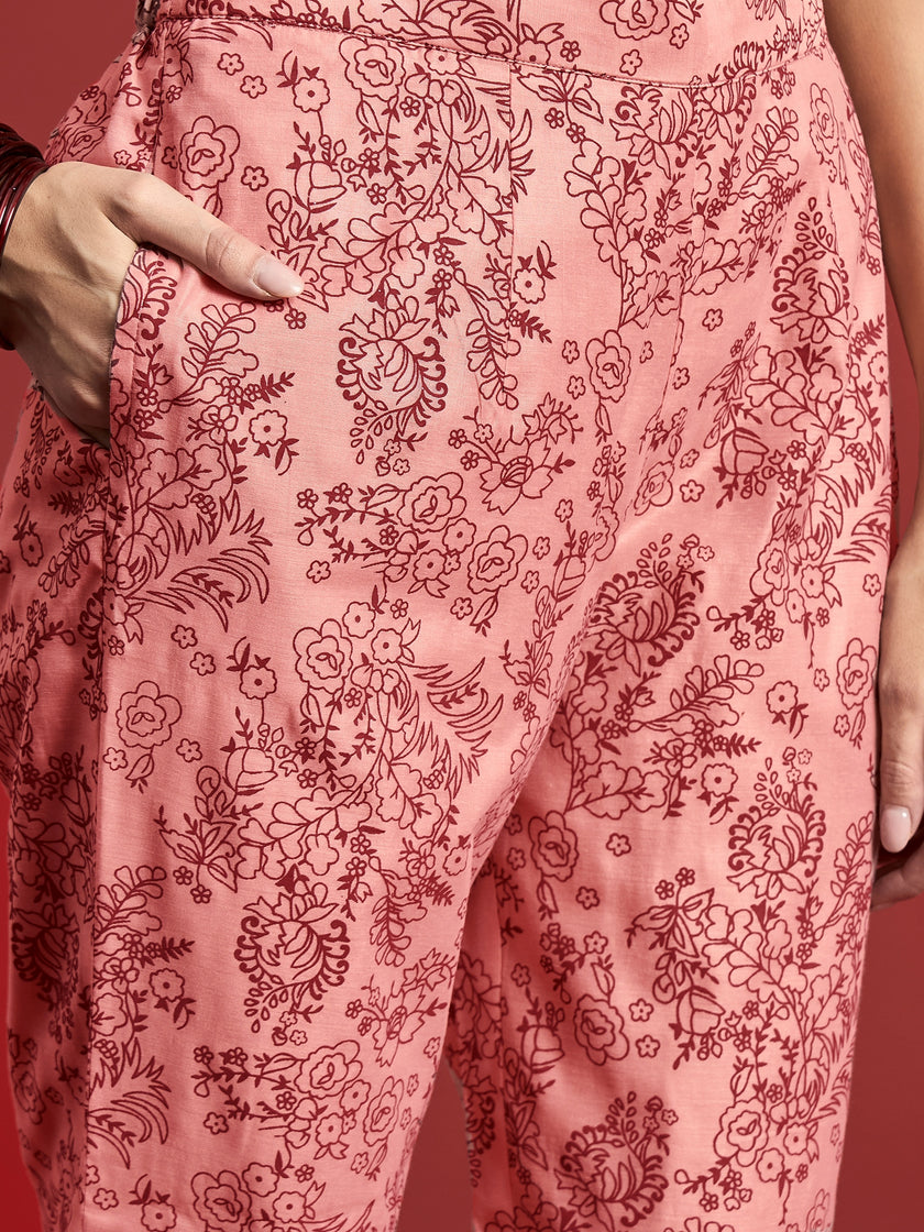 Peach  Silk Blend Printed A-Line Kurta  Trouser