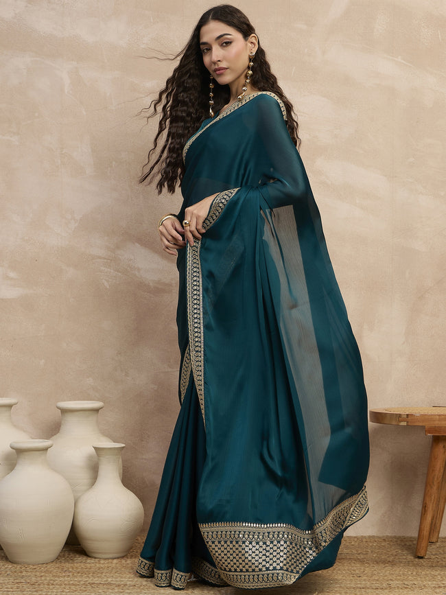 Rama Green Satin Solid With Embroidered Lace Saree with Unstitched Blouse