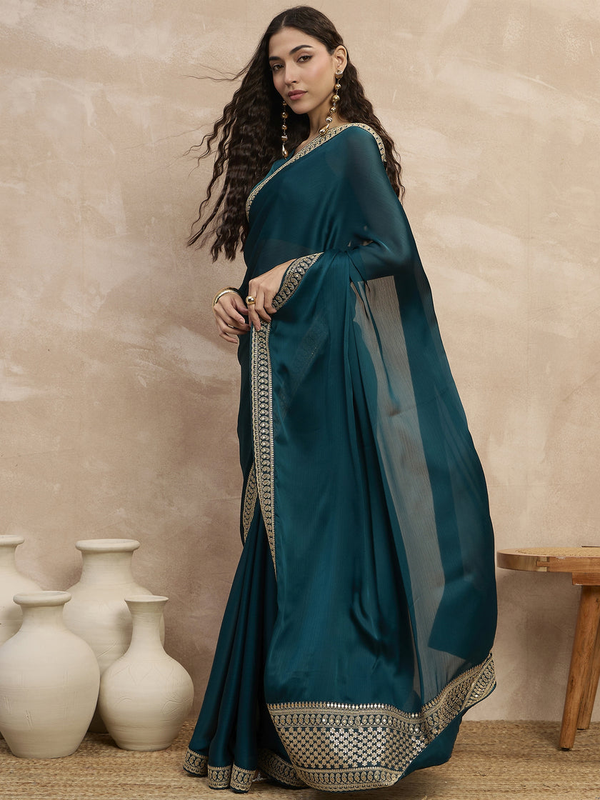 Rama Green Satin Solid With Embroidered Lace Saree with Unstitched Blouse