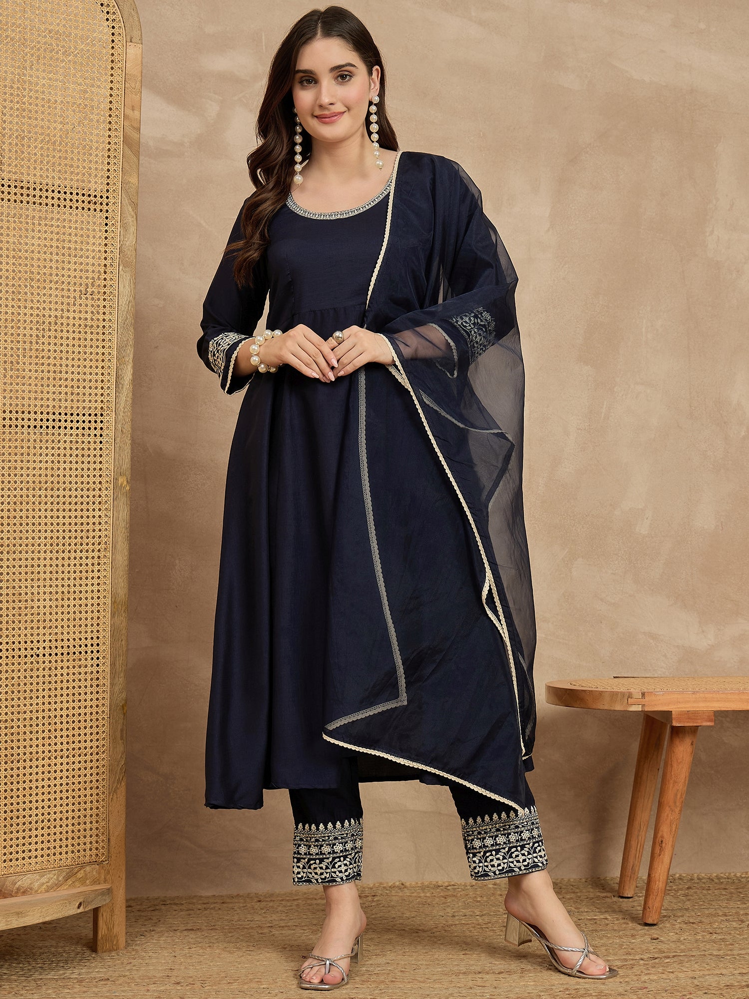Blue  Chinon Embroideried A-Line Kurta Trouser