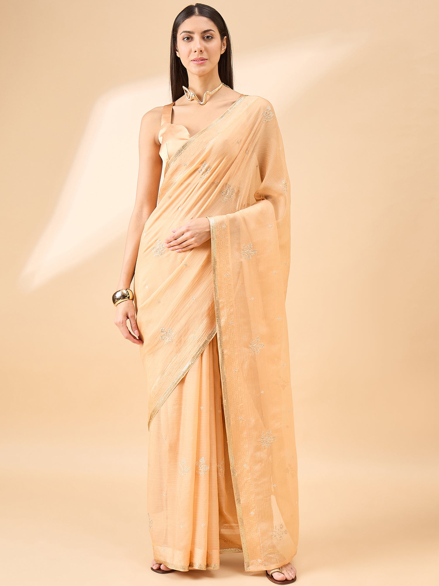 Beige Pure Chiffon Sequence Embroidery With Embellished Border Saree with Unstitched Fancy Blouse