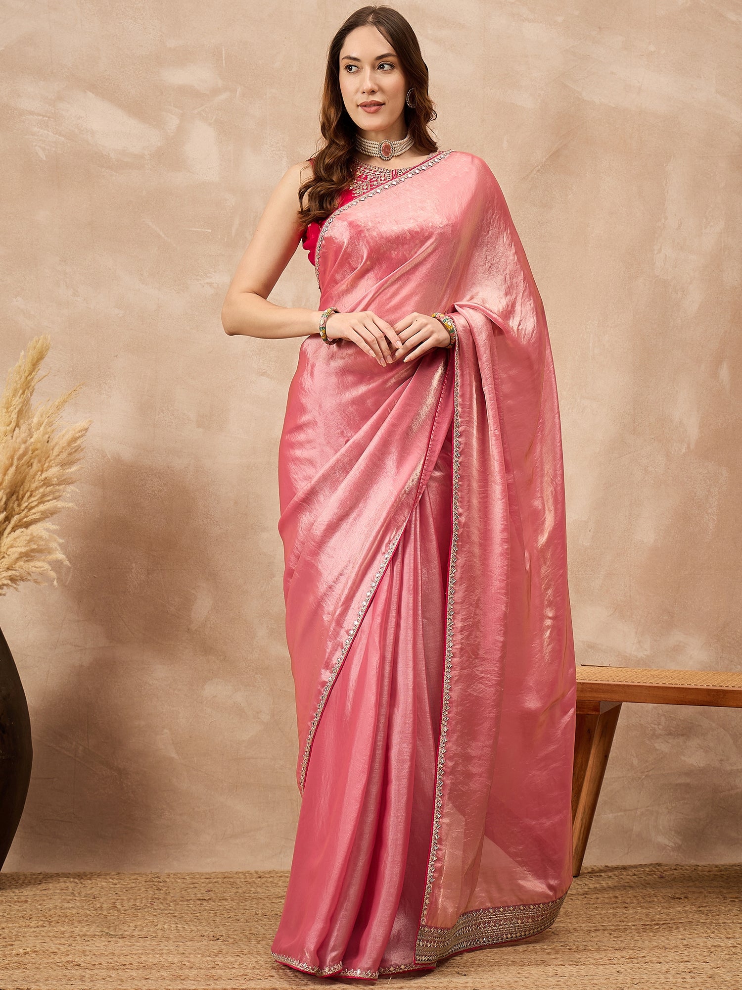 Peach Satin Solid With Embroidered Border Saree with Unstitched Blouse