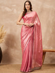 Peach Satin Solid With Embroidered Border Saree with Unstitched Blouse