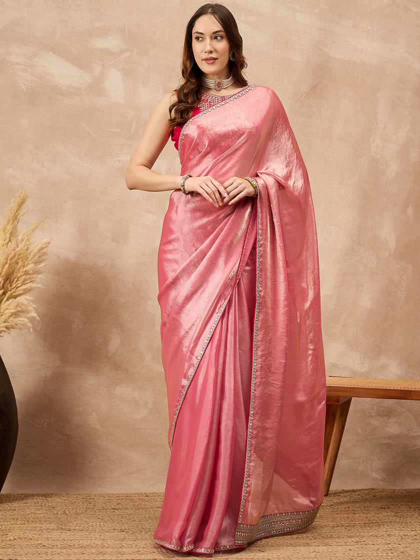 Peach Satin Solid With Embroidered Border Saree with Unstitched Blouse