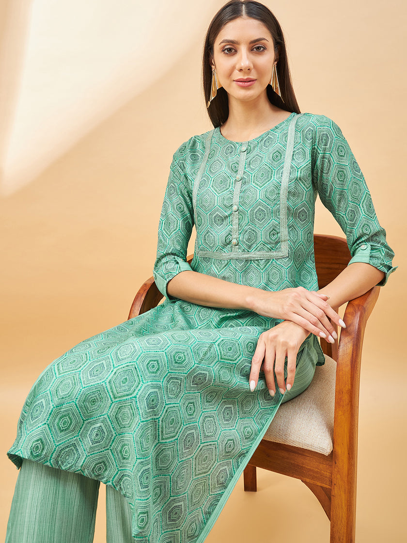 Sea Green Cotton Blend Printed Straight Kurta Trouser