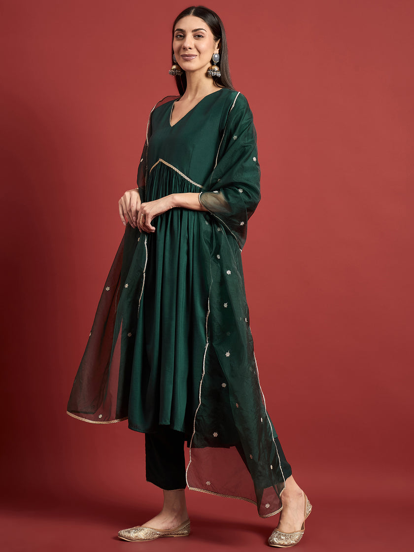 Green  Chinon Embroideried Anarkali Kurta  Trouser