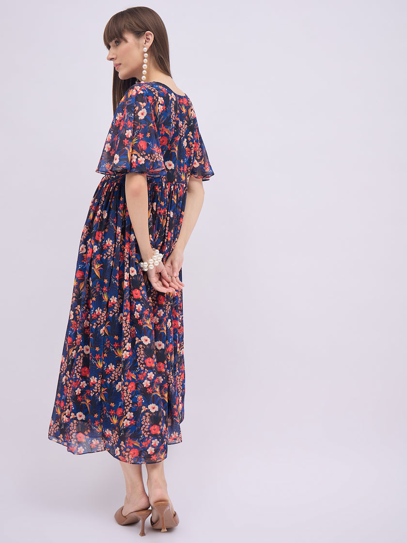 Blue Polyester Printed Flared Sleeves Floral Dress