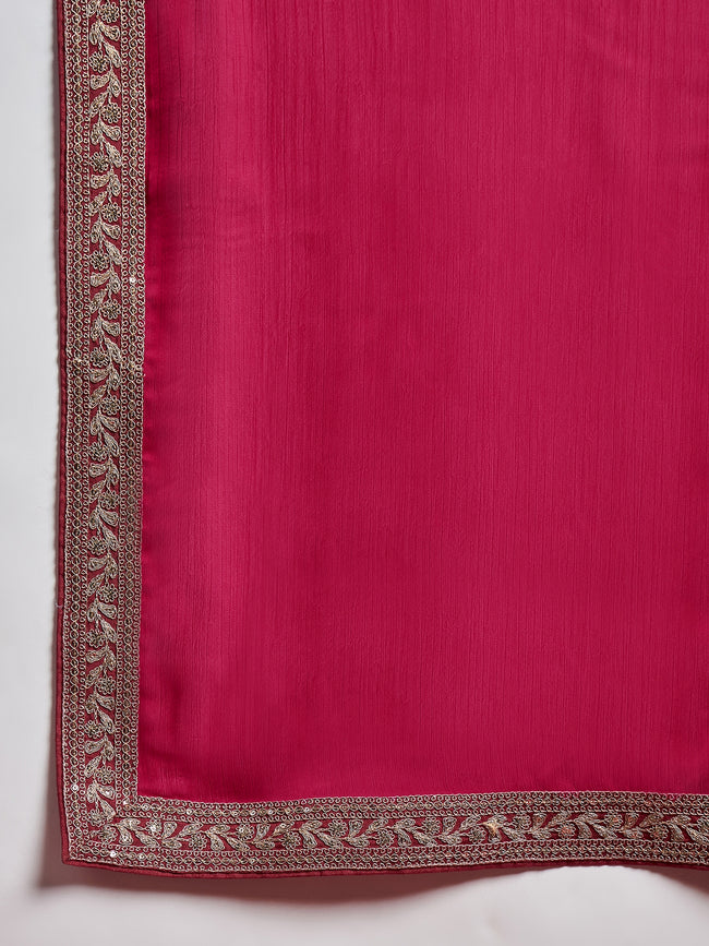 Pink  Satin Solid With Embroidered Border Saree with Unstitched Fancy Blouse