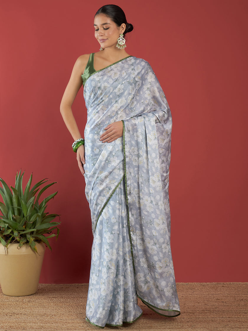 Grey Satin Digital Floral Print With Embellished Lace Saree with Unstitched Fancy Blouse