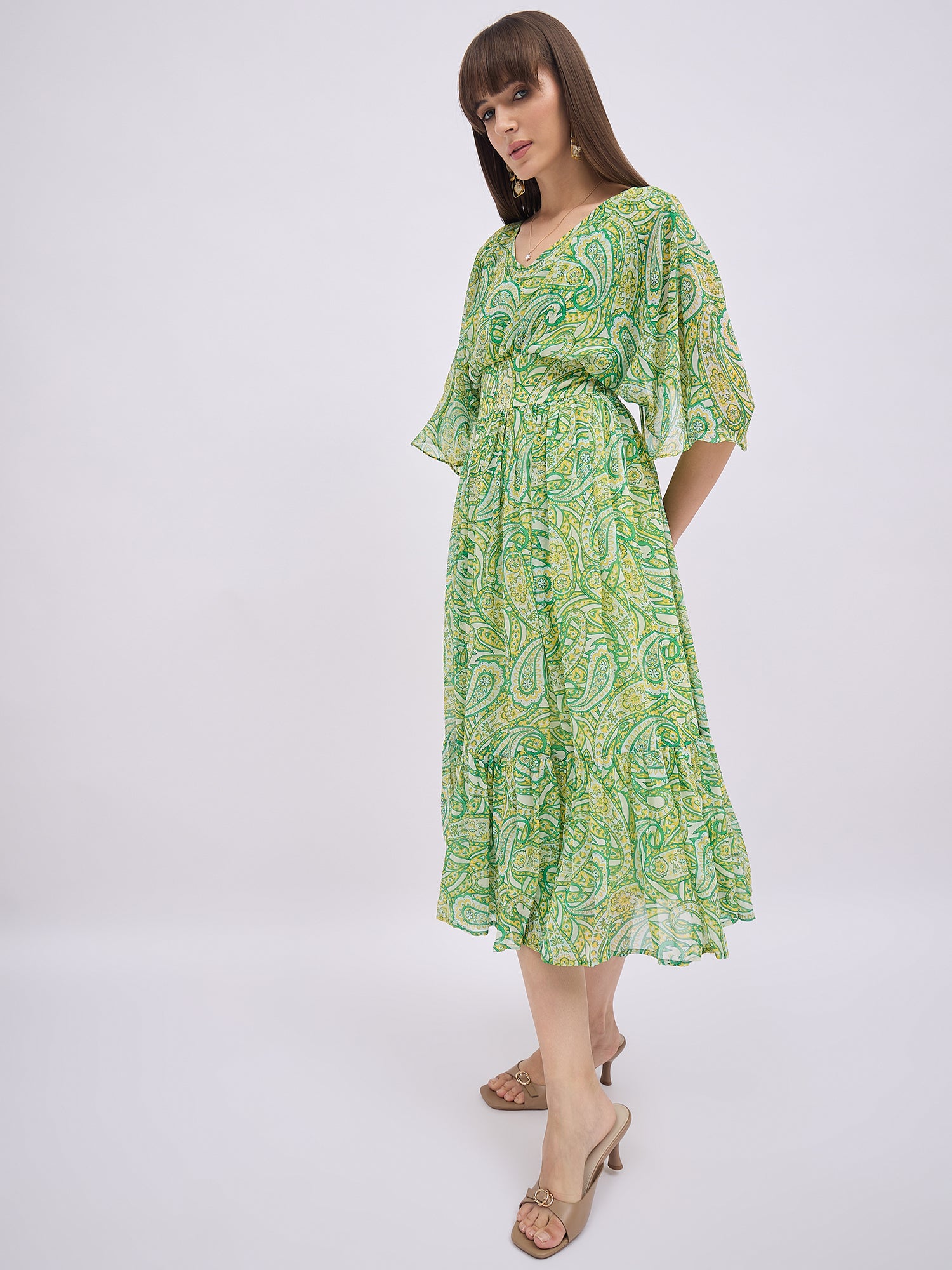 Multi Polyester Printed Butterfly Sleeves Paisley Dress